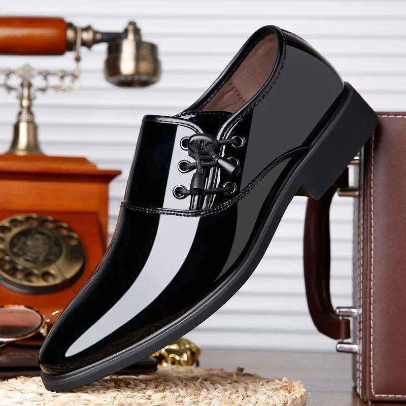 Men's black formal slip-on shoes with square heel and round toe