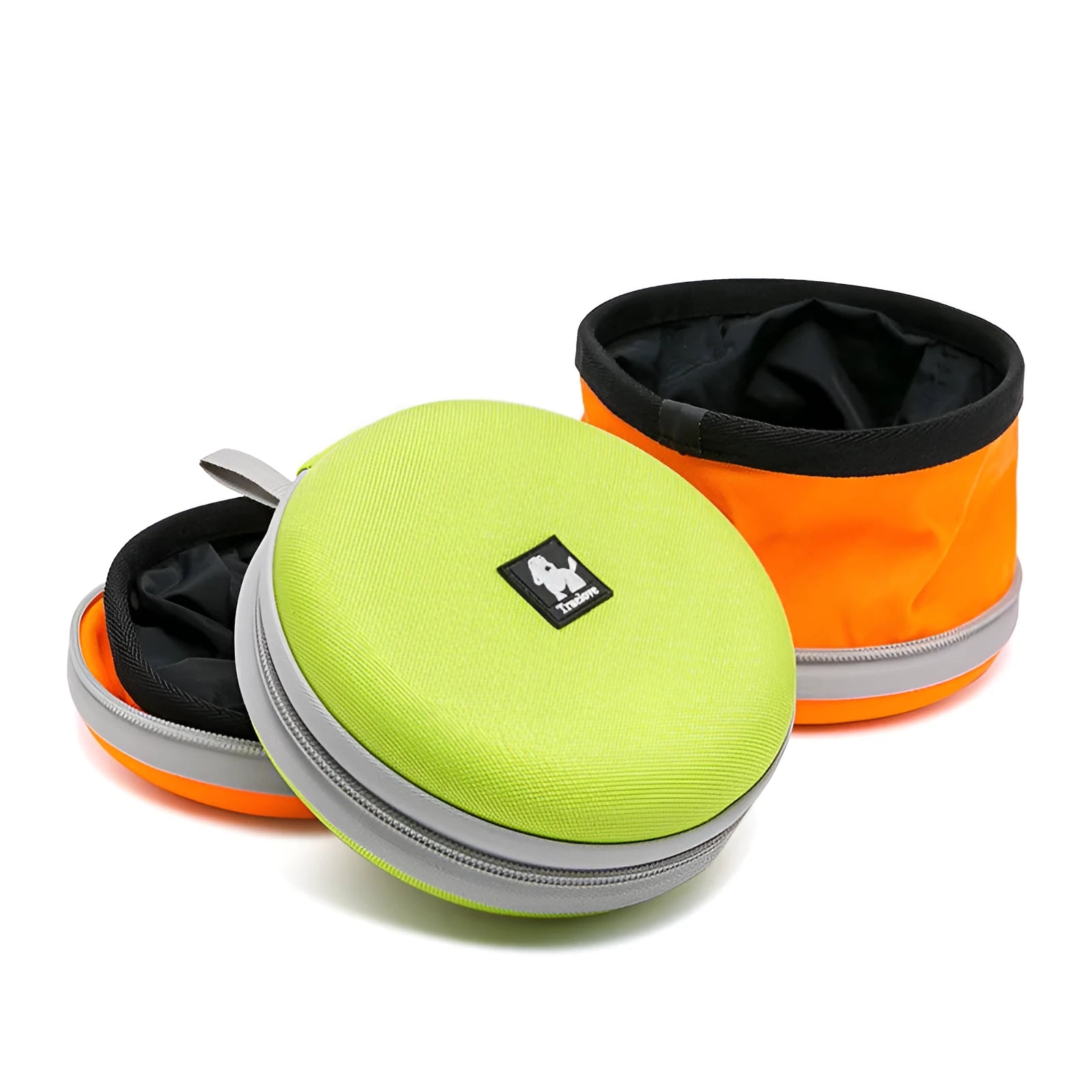 Pet Out kettle dog food bowl set in green, opened to show two separate water and food compartments, 15cm outer diameter
