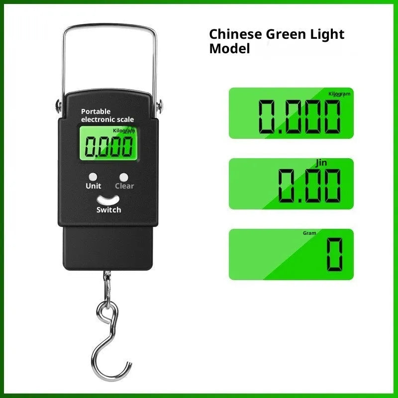 Mini handheld plastic electronic scale with blue backlight display and 50kg capacity, shown in Bohemian style