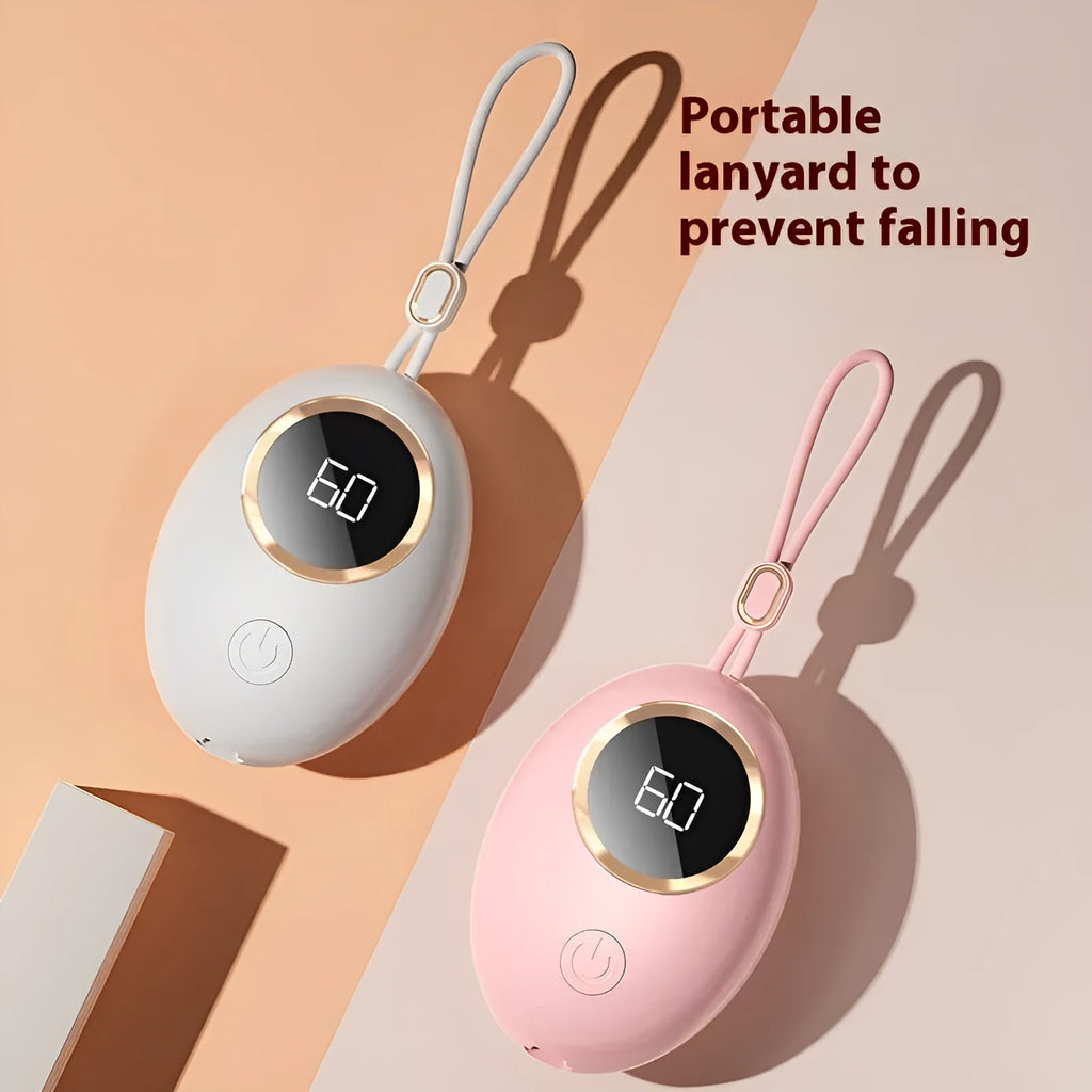 USB digital display hand warmer power bank in pink, showing aluminium heating plate