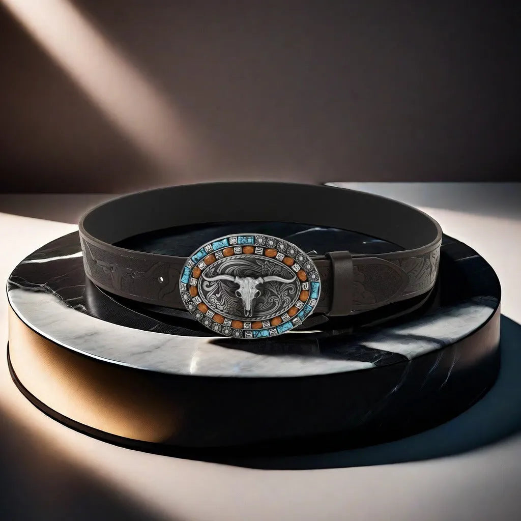 Men's brown imitation leather belt with a detailed metal cow head buckle and pin clasp.