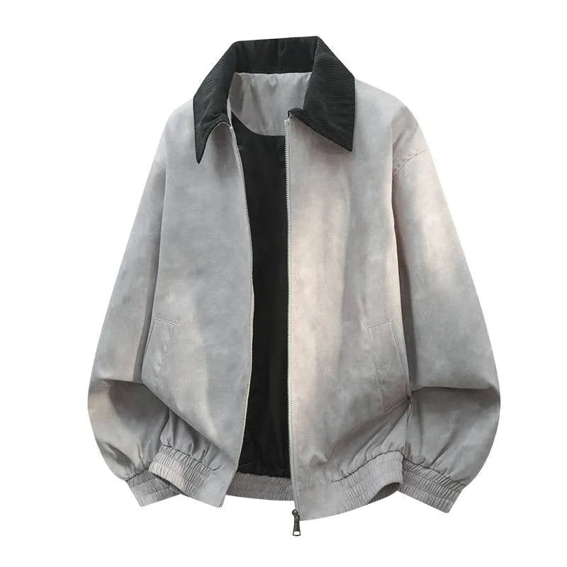 Men's casual black jacket featuring a detailed stitching lapel design and straight hem.