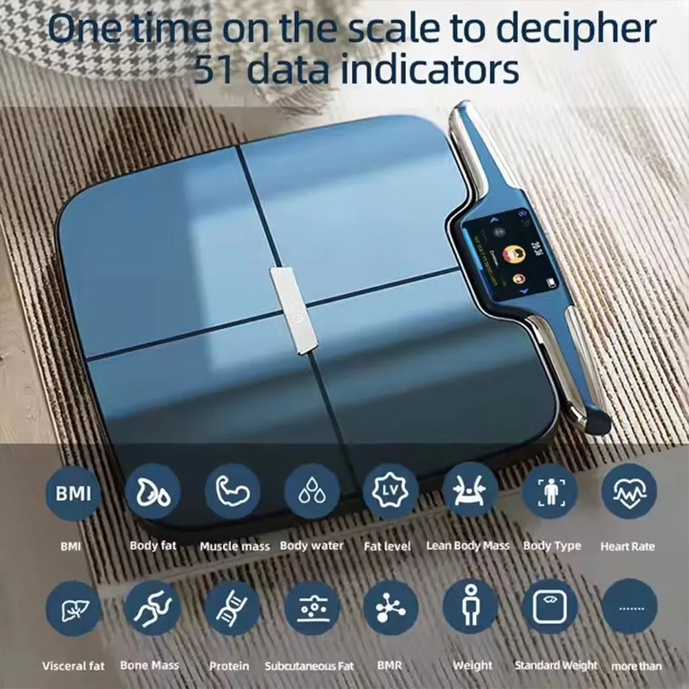 Black eight-electrode body fat and weight scale on a bathroom floor