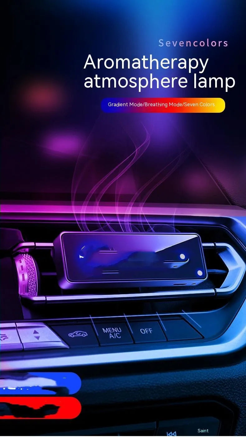 Black automobile aromatherapy air outlet ambience light with LED display and fragrance stick
