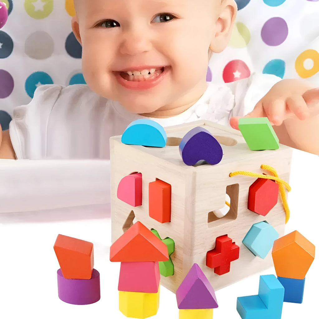 Wooden geometric shape matching baby building blocks with multiple hole intelligence boxes for infants 0-3 years