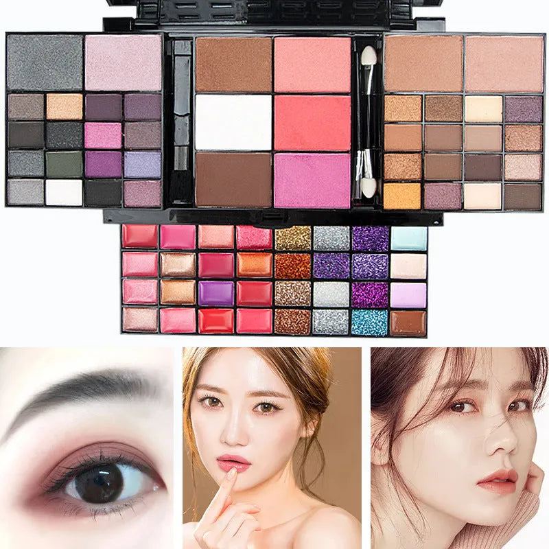 74 colour makeup palette with four layers showing eyeshadows, lip glosses, blush and contour powders with brush set
