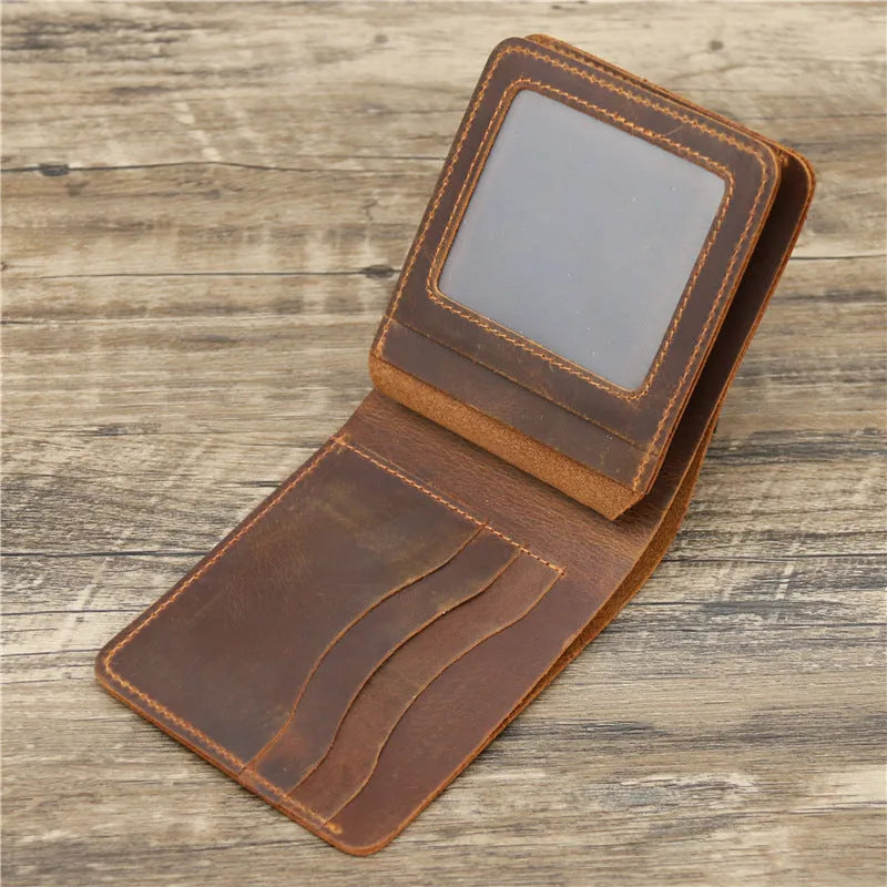 Men crazy horse leather money card wallet, retro red brown, 11.5cm long, horizontal design