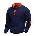 Men's fleece-lined zip-up stand collar patchwork sweatshirt in dark gray, front view, casual long-sleeve top