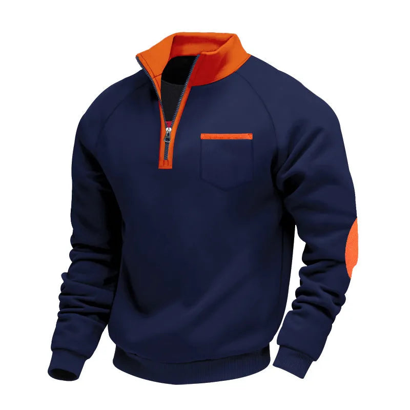 Men's fleece-lined zip-up stand collar patchwork sweatshirt in dark gray, front view, casual long-sleeve top