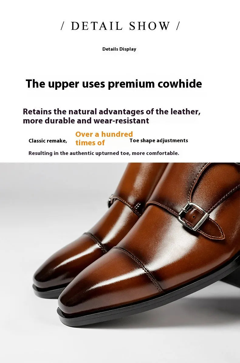 Men's black and light brown leather shoes with square toe and rubber sole in British gentleman style
