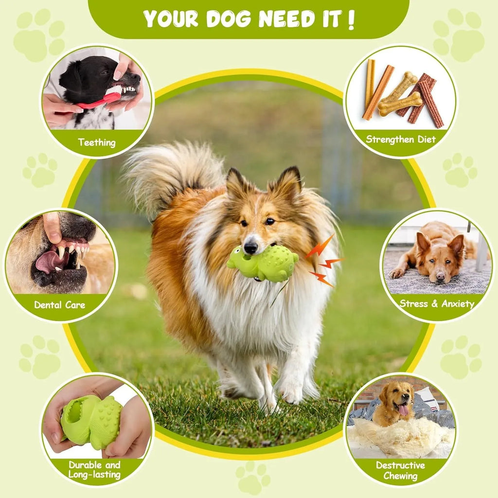 Green and yellow natural rubber squeaky dog toy for large breed aggressive chewers