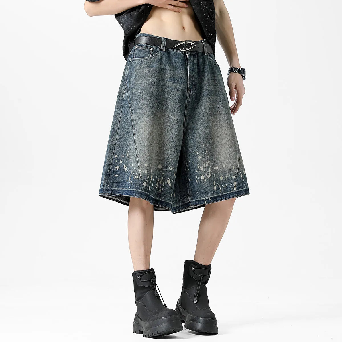 Men's retro blue denim shorts with splash ink distressing and straight-leg cut