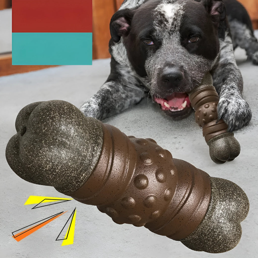 Wood colour plastic dog toothbrush toy with sounding bone design and textured molar rod surface