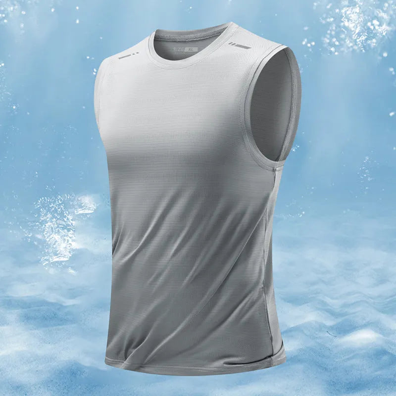 Men's loose grey sleeveless waistcoat vest made from non-iron bamboo blend fabric on a hanger.
