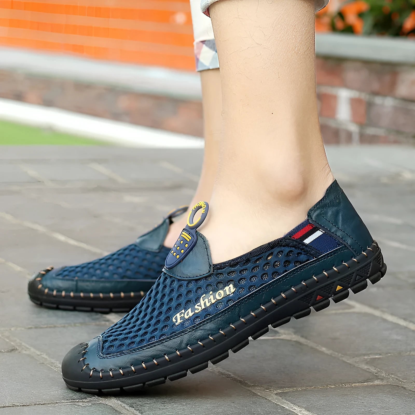 Men's brown casual mesh shoes with round toe and rubber sole on a white background