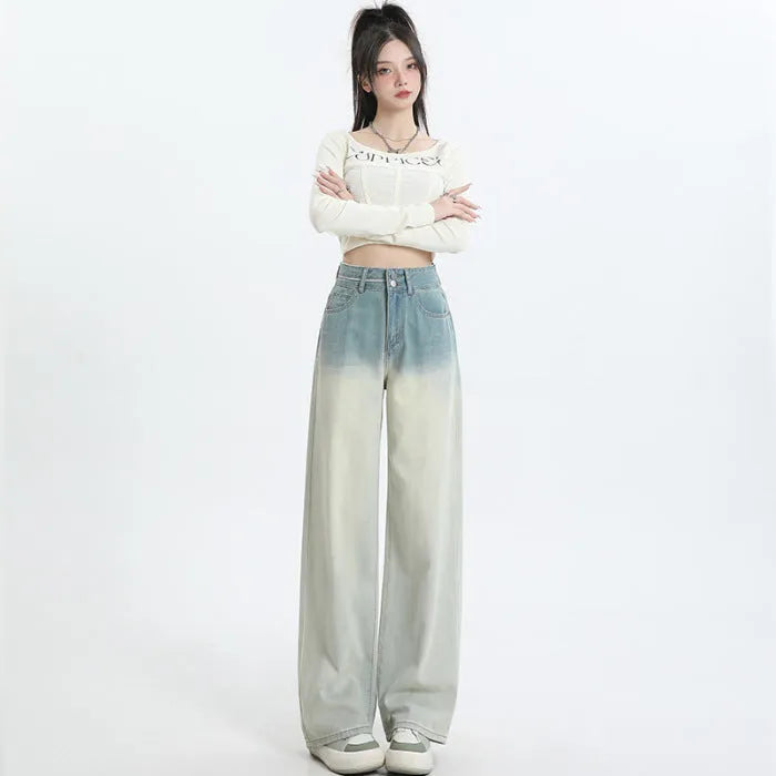 Women's gradient blue straight-leg denim trousers in cotton fabric