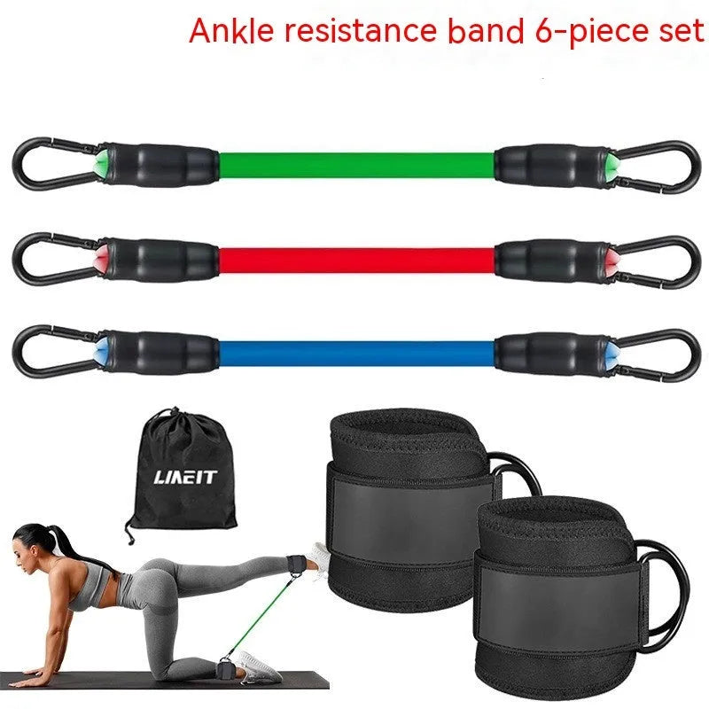 Yoga resistance band set with three tension levels, foot loops, and storage bag for hip and leg exercises
