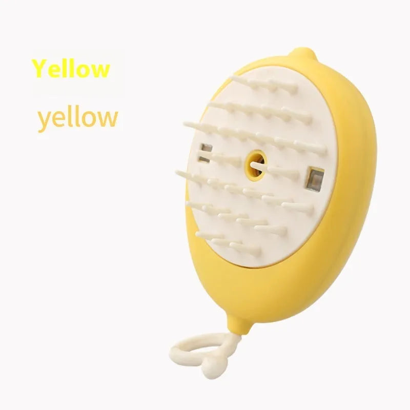 Avocado green handheld pet spray massage brush with rotating bristle head and bottle of essence.