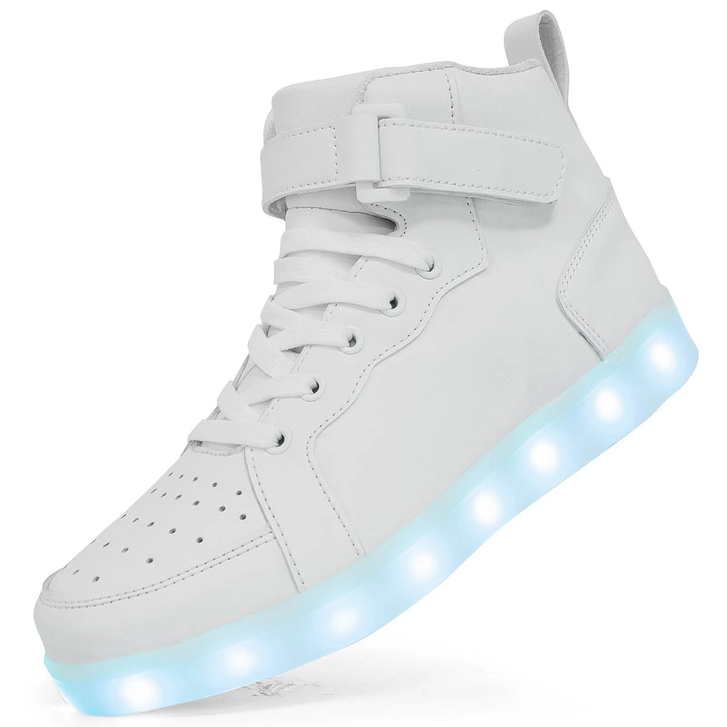 LED high-top light shoes with Velcro closure showing illuminated sole and available colour options