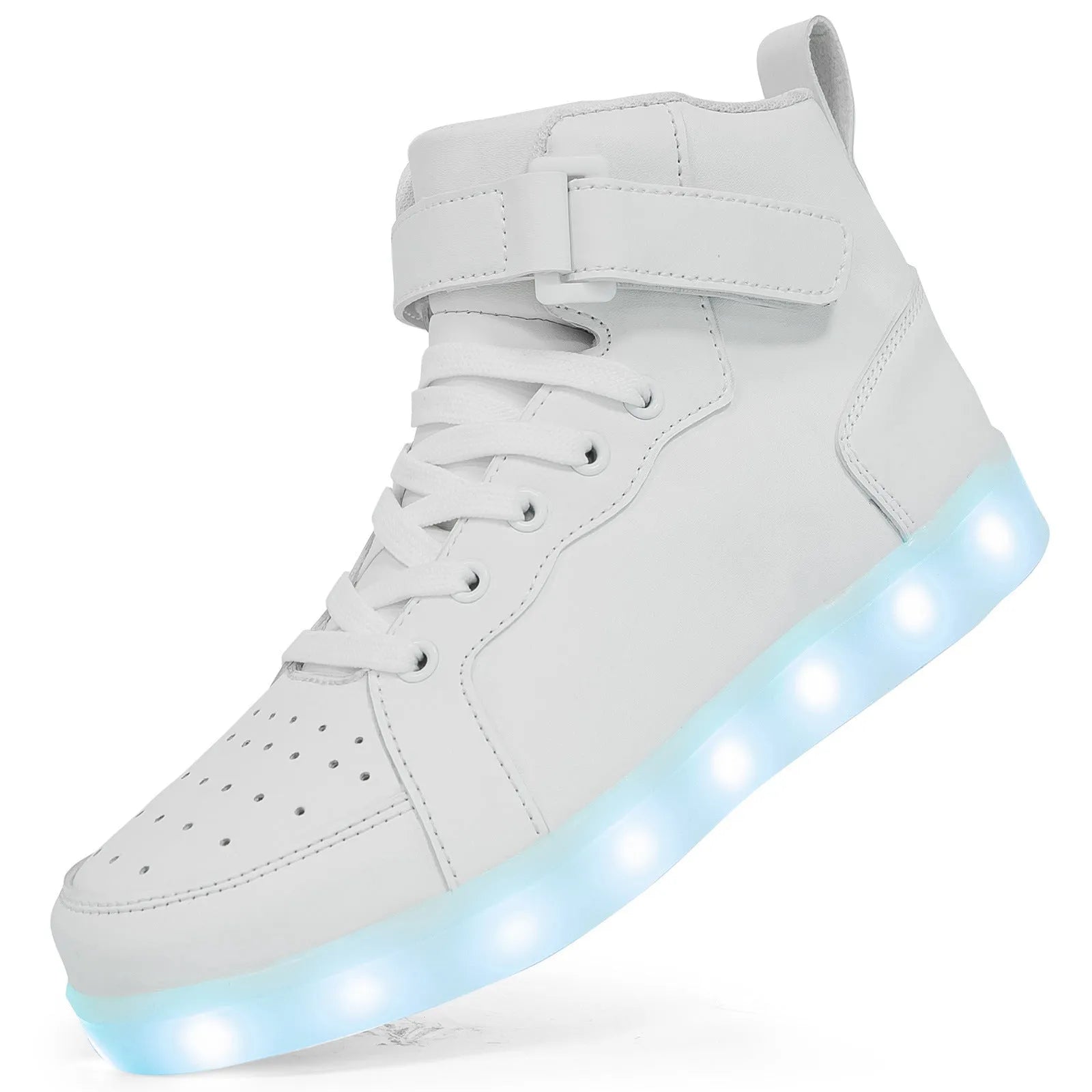 LED high-top light shoes with Velcro closure showing illuminated sole and available colour options
