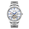Men's stainless steel business watch with skeleton mechanical movement and black leather strap