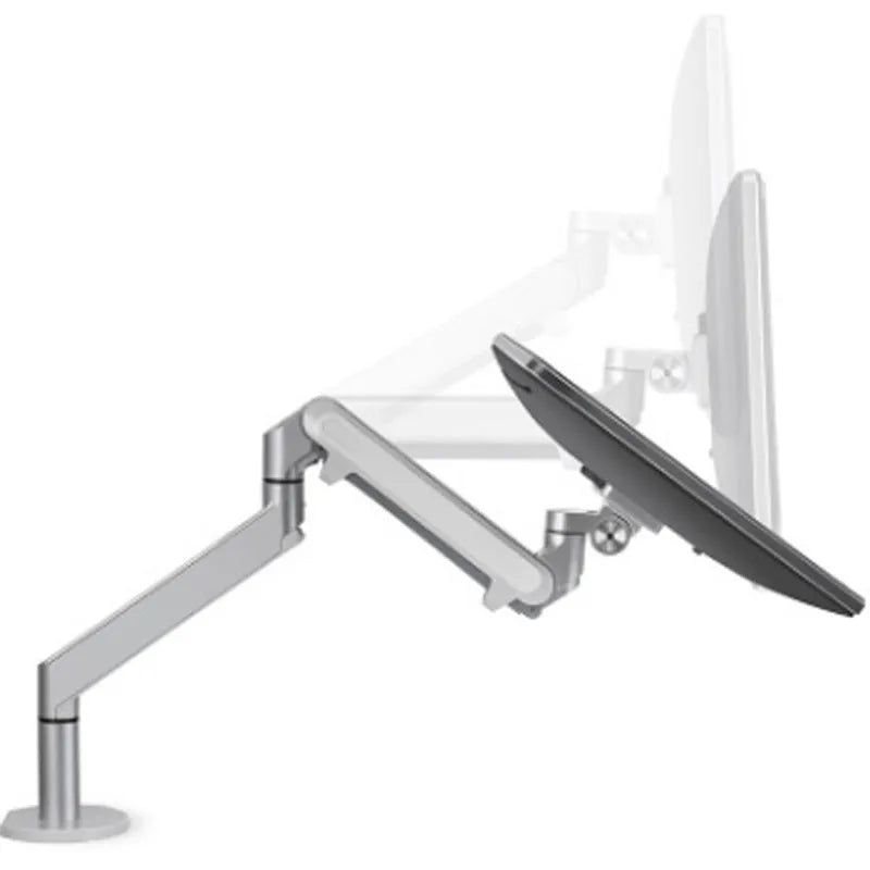 Silver aluminium laptop stand with adjustable air pressure arm on wooden desk
