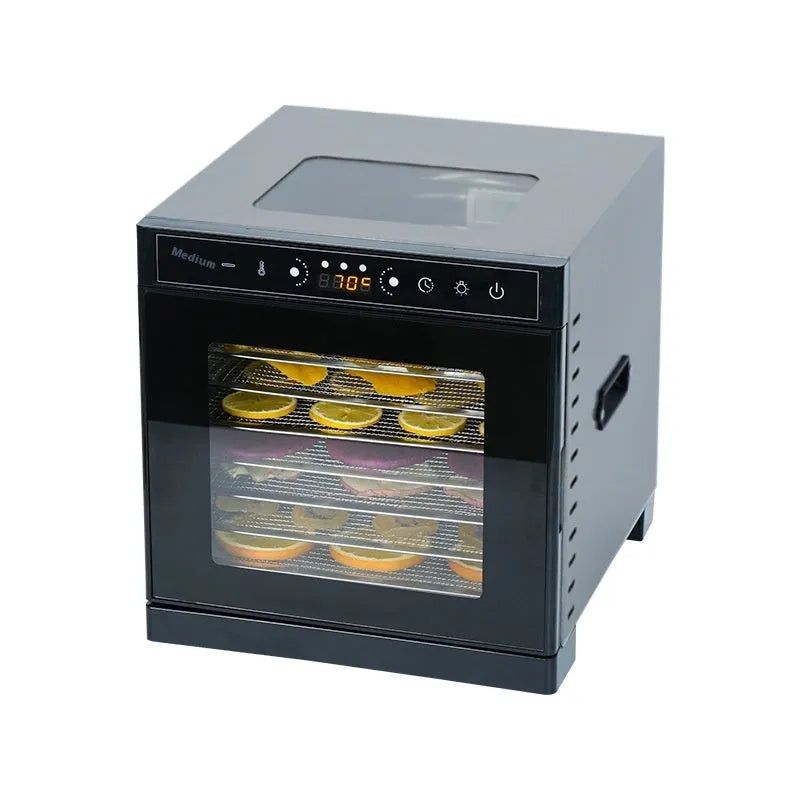 Stainless steel fruit dehydrator with visual skylight window showing food drying inside