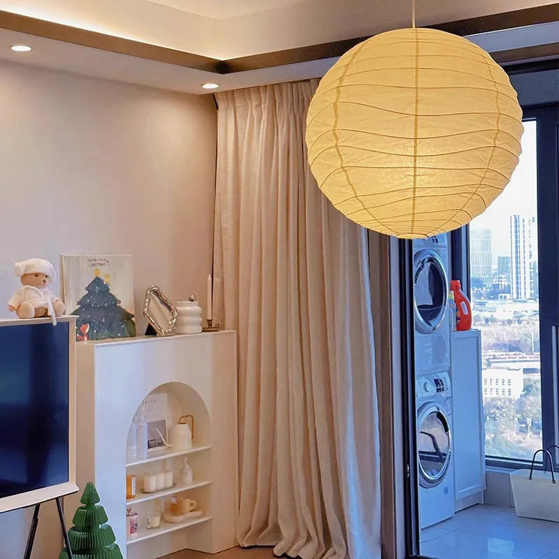 Japanese style rice paper chandelier ceiling light in a living room setting