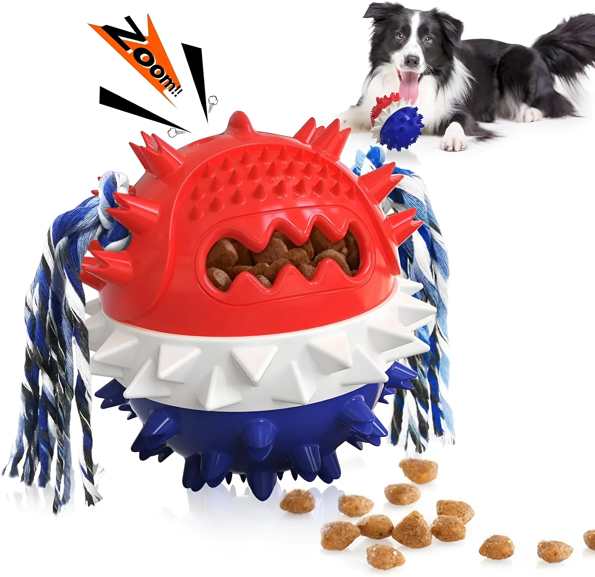 Blue and red TPR rubber squeaky dog ball with rope tug and treat dispenser hole.