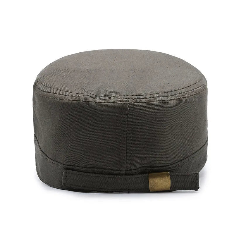 Men's flat-top peaked cotton cap in army green colour with an adjustable strap.