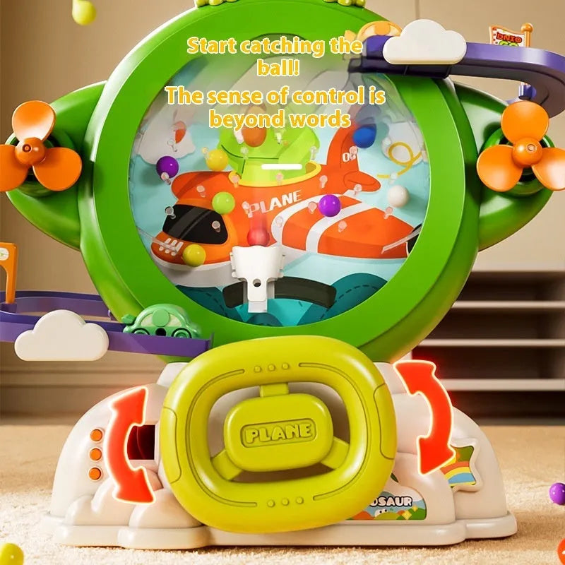 Children's dinosaur bean machine toy with 15 beads and 2 cars in green plastic for indoor play