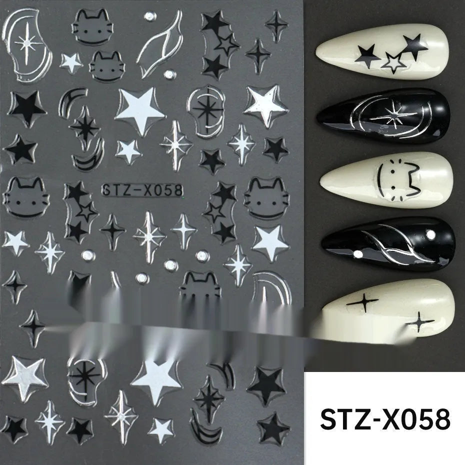 Pack of black and silver strip nail art stickers with cartoon and love pattern designs.
