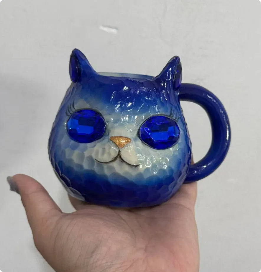 American-style resin cat cup decorative craft collectible in purple, green, blue, or pink colours
