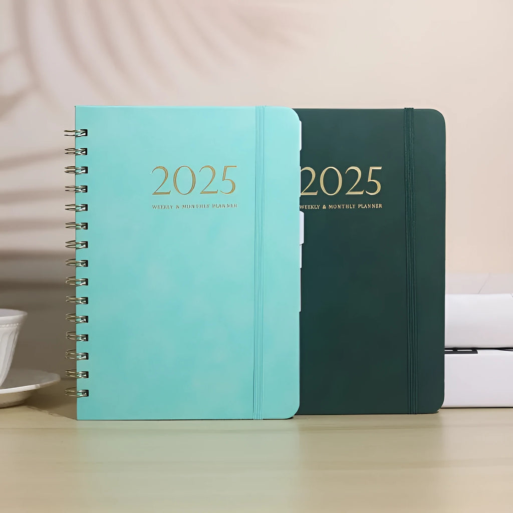 A5 size PU leather notebook with metal coil binding in various colours for 2024 and 2025.