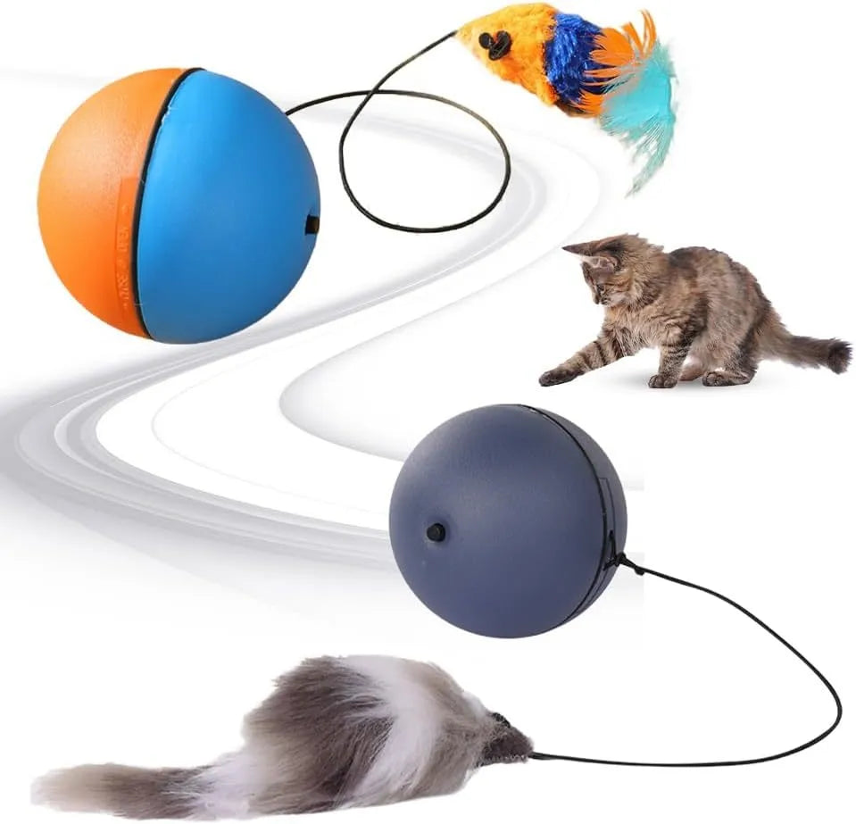 Interactive self-rolling cat ball toy in Blue Orange and Gray colours on a white background