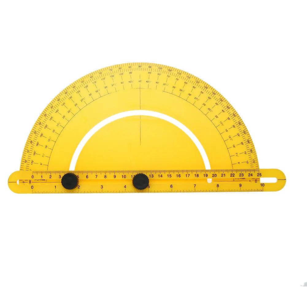 White ABS plastic carpentry angle ruler with a 180-degree scale and movable measuring arm on a wooden workbench.