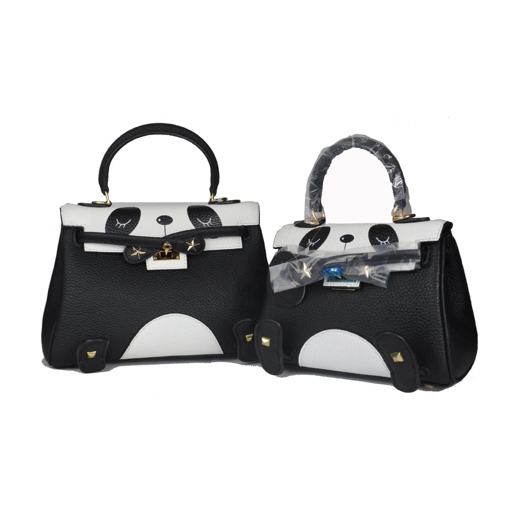 Panda print cow leather handbag in horizontal square shape