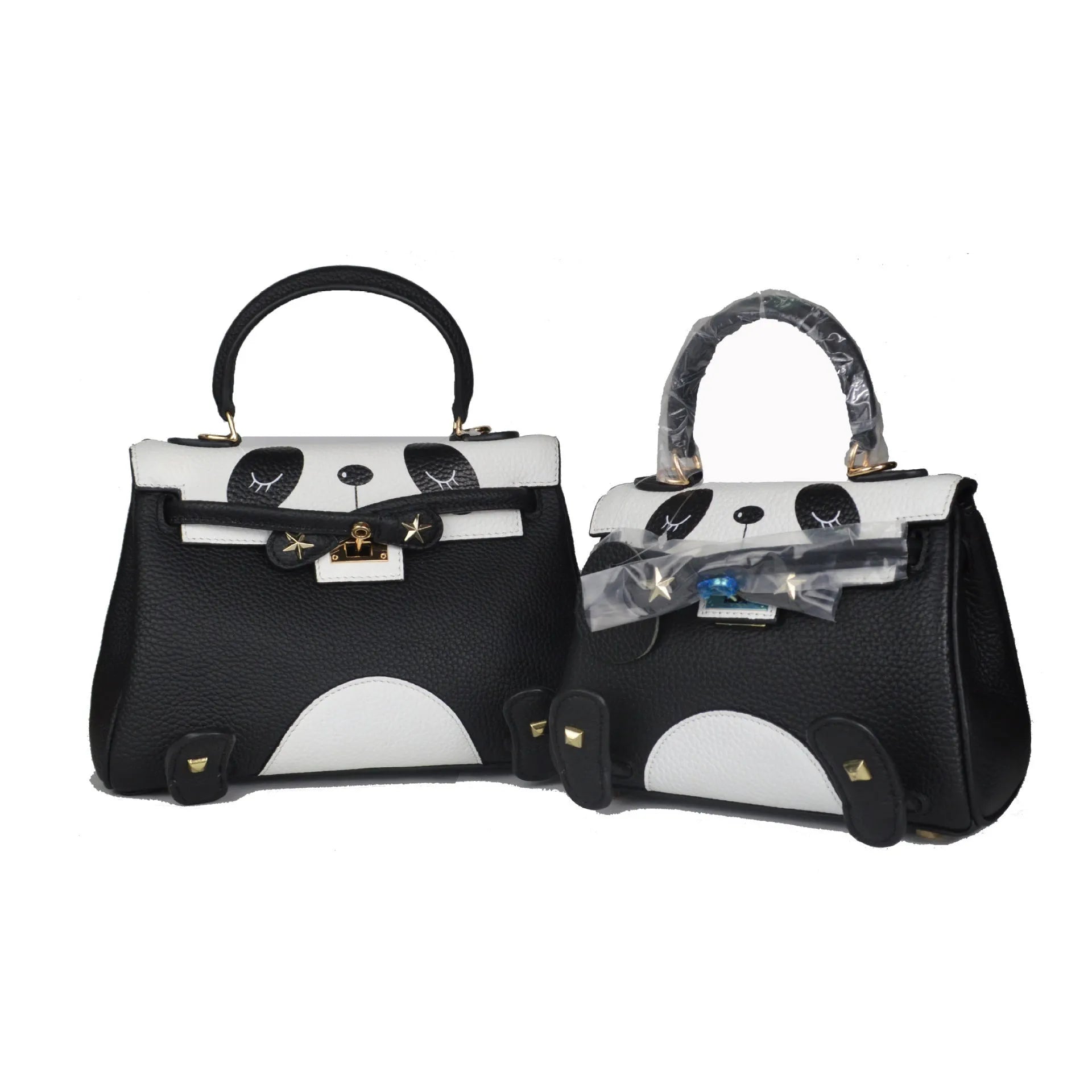 Panda print cow leather handbag in horizontal square shape