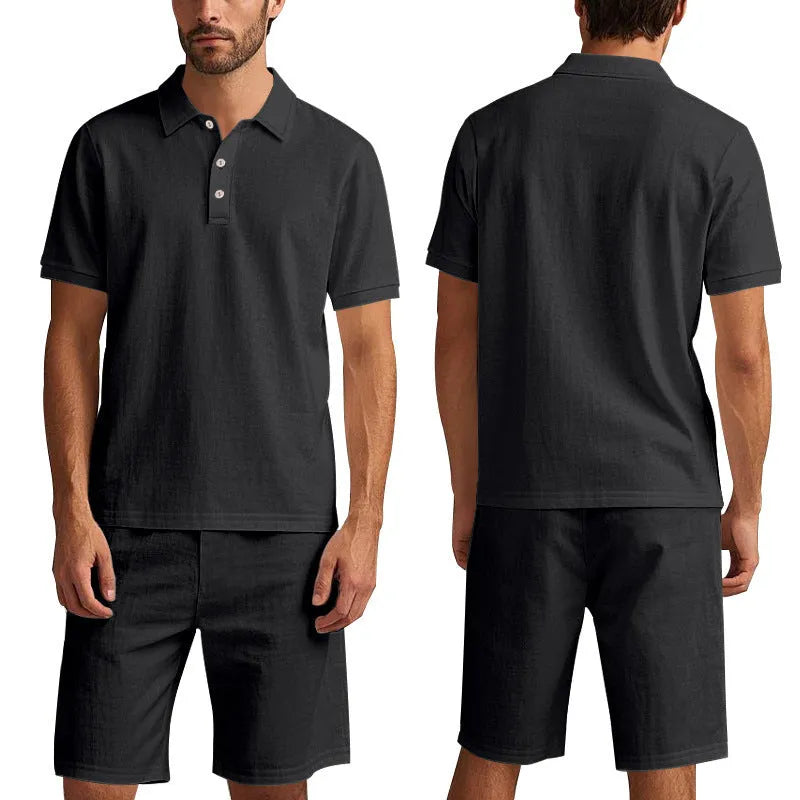 Men's light beige linen blend short sleeve top and shorts set on a hanger, summer casual outfit.