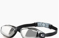 Swimming goggles with polycarbonate lenses and silicone earplugs in black silver plated finish