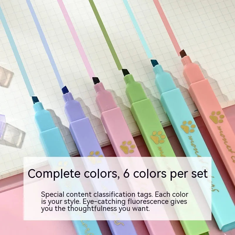 Cat's Paw fluorescent marking pen set showing six pens with oblique heads in a plastic box.