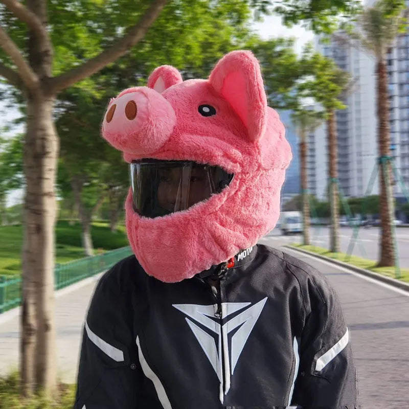 Pink pig cartoon plush helmet protective hood for motorcycle helmets made from PV velvet cloth