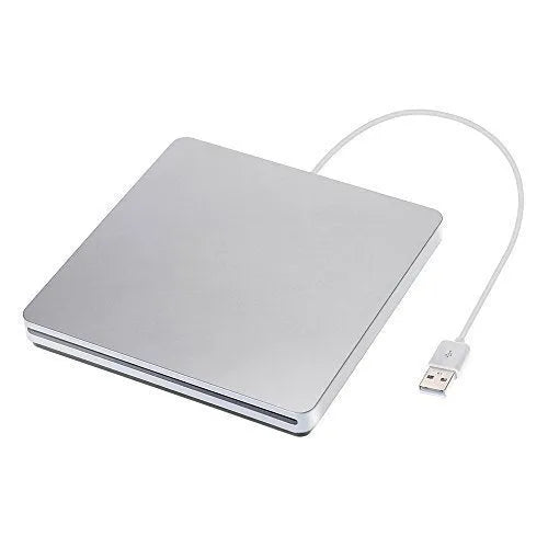 Silver external USB CD-RW DVD burner drive with slim design, dimensions 13.7 x 13.4 x 1.7 cm, for MacOS and Windows laptops