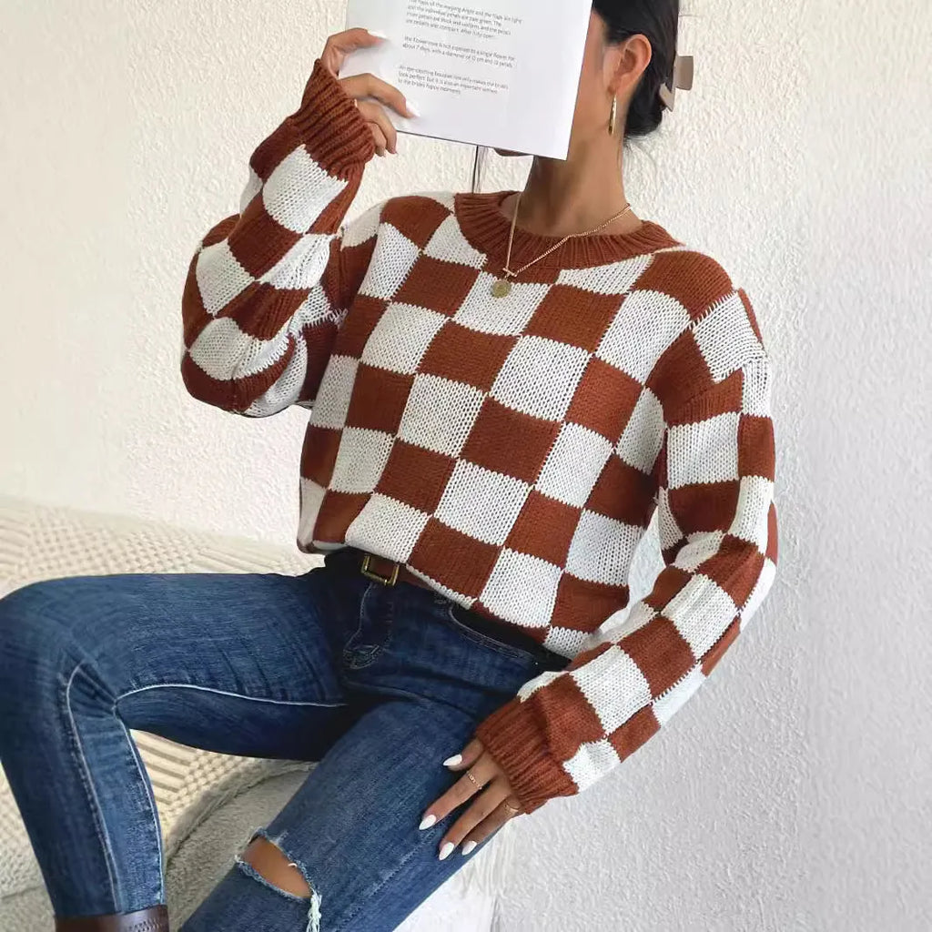 Dark brown plaid pattern acrylic pullover sweater with long sleeves and a round neck