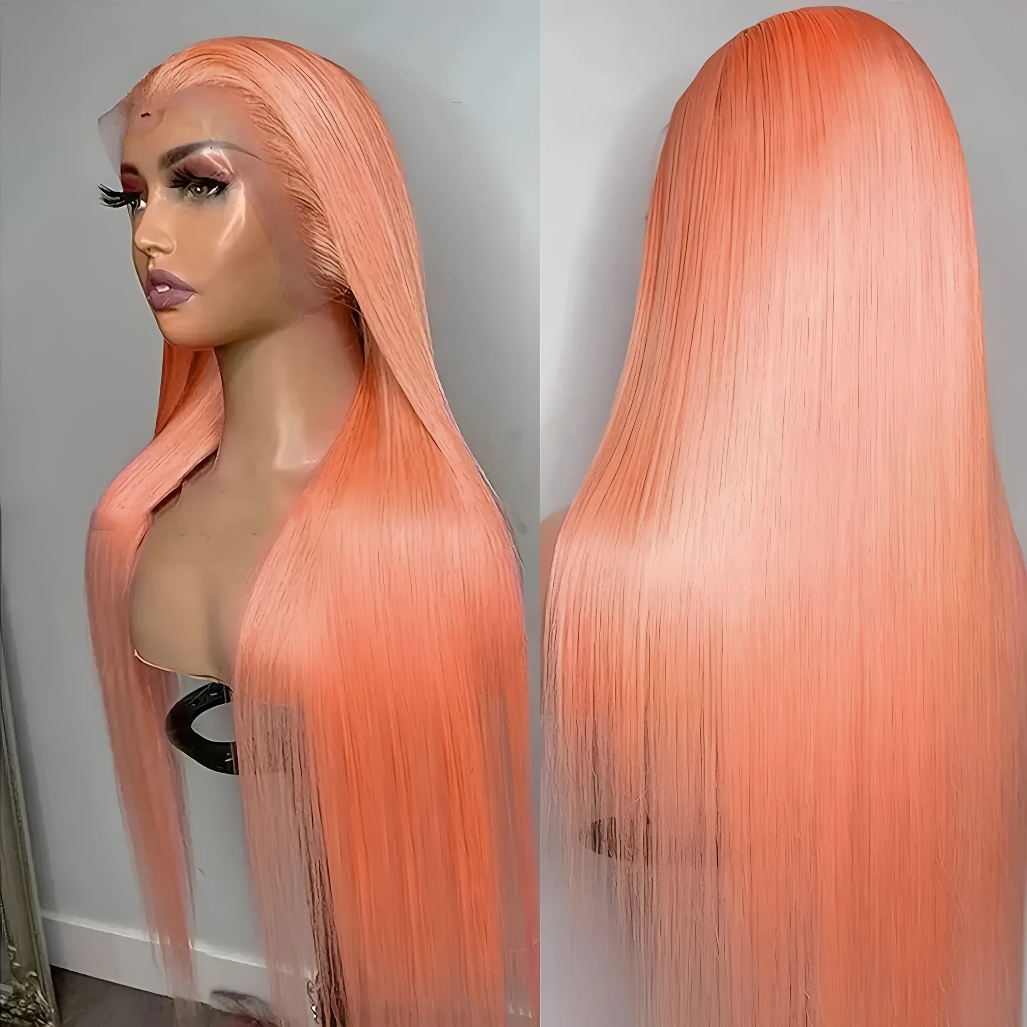 Light orange long straight lace front synthetic wig with side bangs on a mannequin head
