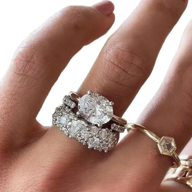 Women's three-piece oval mosaic zircon ring set with geometric designs in electroplated alloy