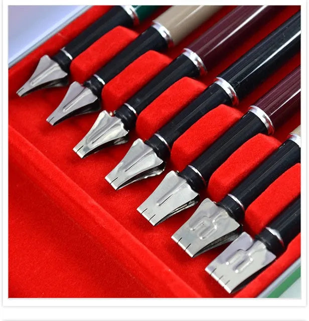 Right Point 7-piece calligraphy parallel pen set with stainless steel nibs and black ink, tip widths 2MM to 11MM