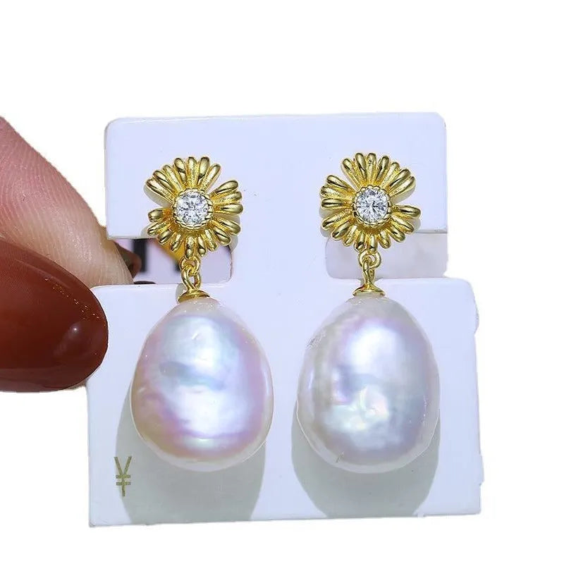 Baroque style sterling silver flower design drop earrings in silver and gold tone options