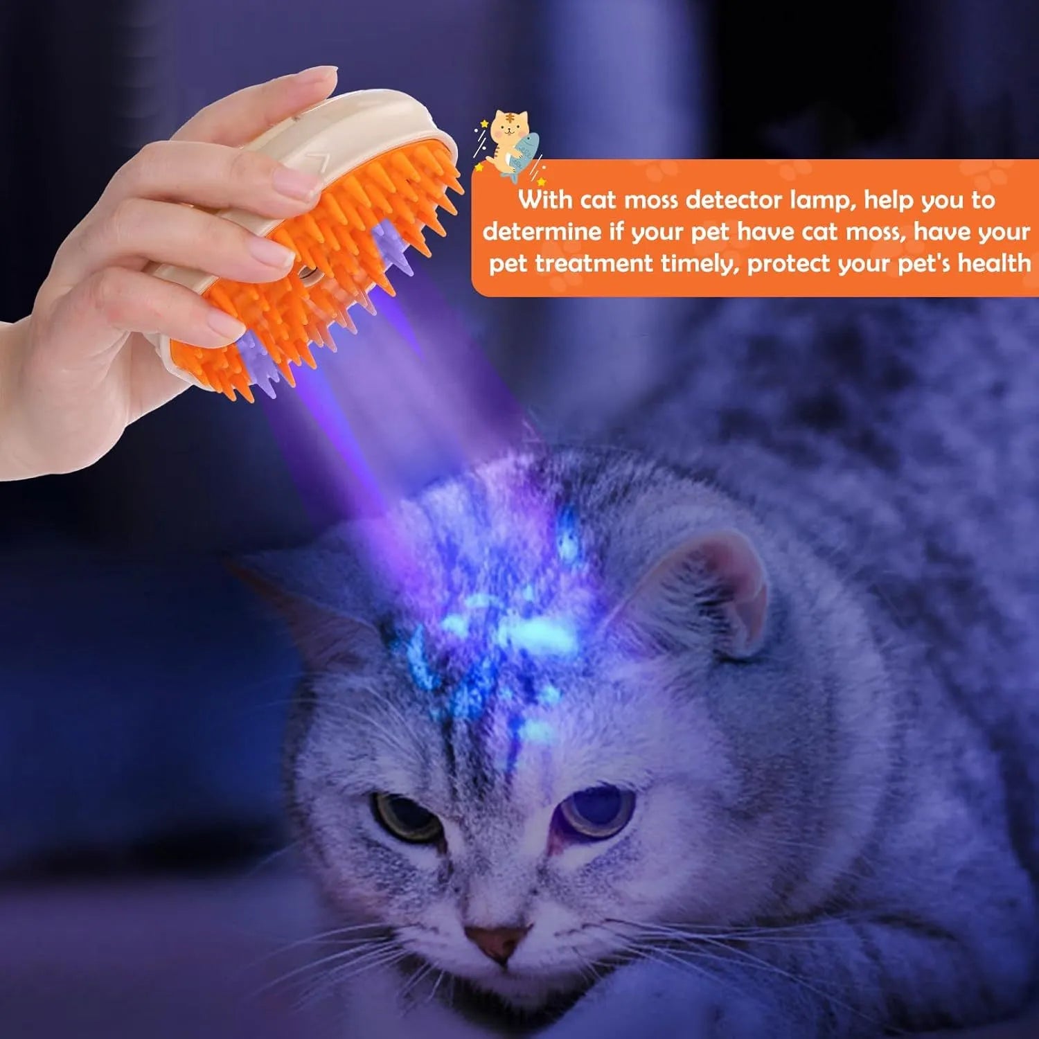 Yellow 4-in-1 cat steam brush with silicone teeth, water tank, and UV ringworm detector lamp