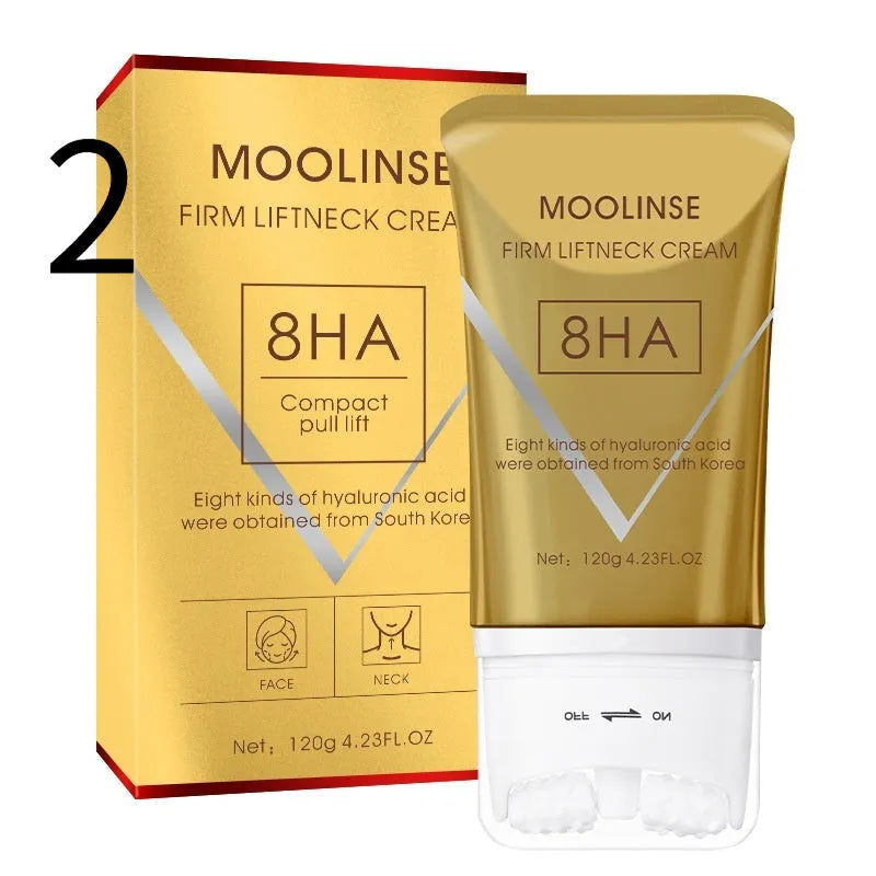 Neck moisturising cream tube with a silver massage roller applicator for dry skin.
